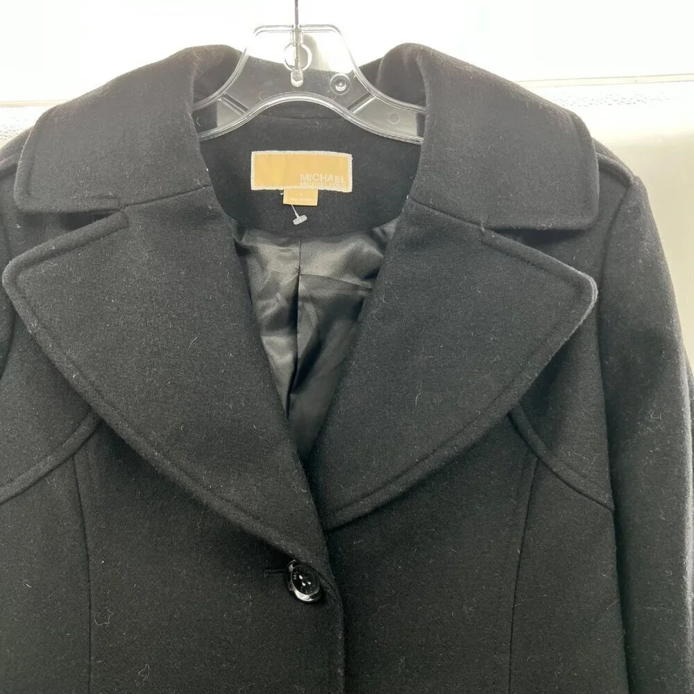 Michael Kors Womens Wool Blend Pea Coat Button Up Black Size 4 Belted